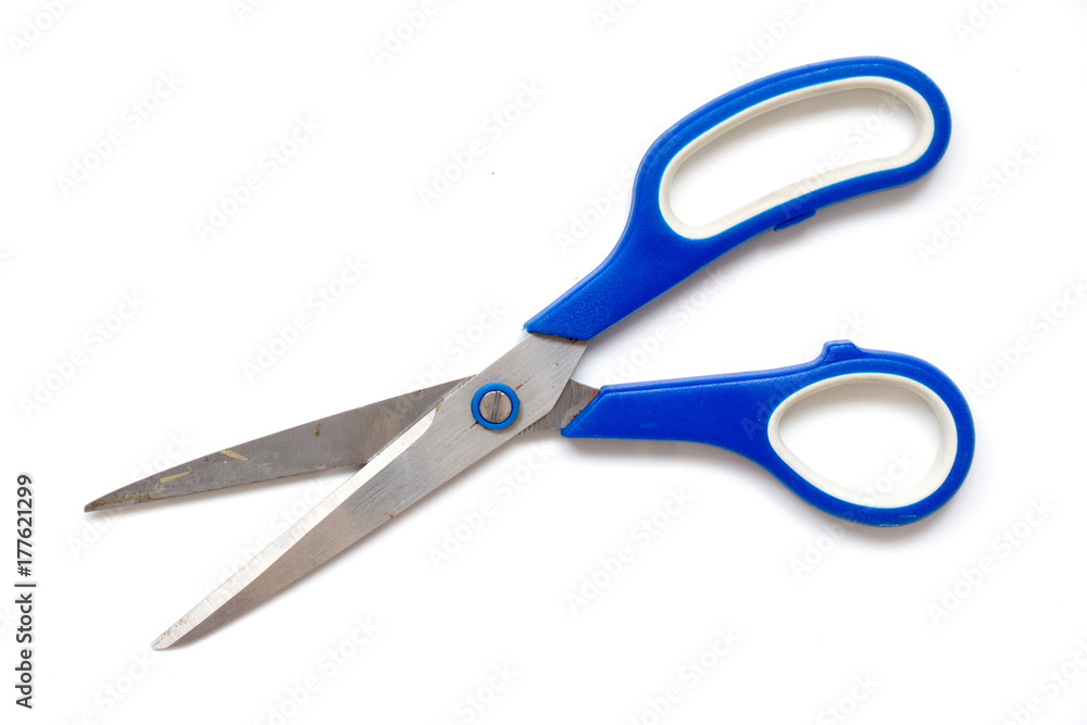 Metallic scissors with blue holder on white background Metallic scissors with blue holder on white background