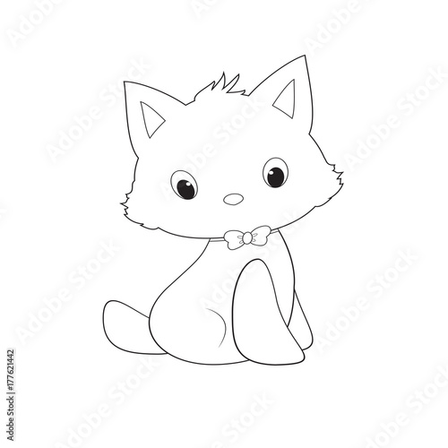 Vector kitten, happy white cat smiling character cat line art coloring book black and white drawing illustration