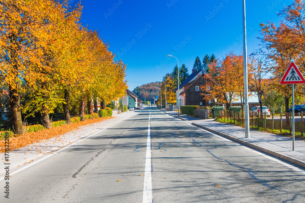 Road in the center of Delnice, small town in Gorski kotar, Croatia 
