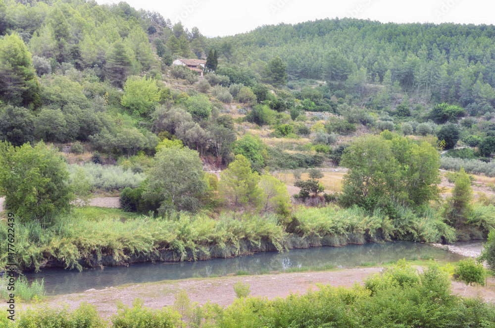 View of landscape since Rosaleda del Mijares hotel, in Montanejos village (province of Castellon - Spain). Mijares river at the bottom. Natural environment surrounded of green vegetation. Overcast day