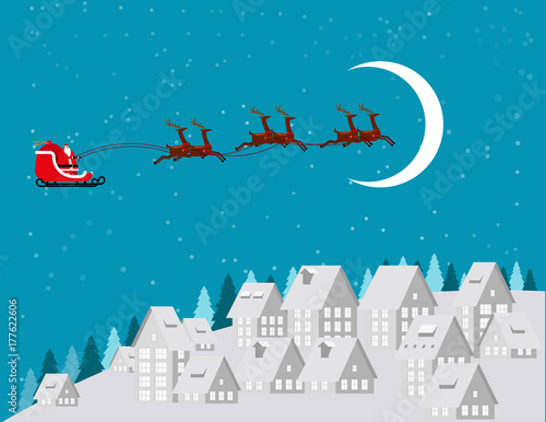 Merry Christmas. Santa Claus flying on the sky coming to urban land scape city village and snow in the winter season. Concept holiday vector illustration. Paper art style.