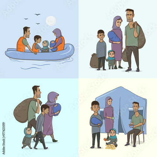 The Refugee Family with Children. Sailing to Europe on the Boat. Land Transition and Life in the Refugee Camp. European Migrant Crisis Concept. Vector Illustration, isolated.