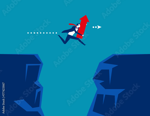 Businessman holding red arrow and jumping over cliffs. Concept business vector illustration.