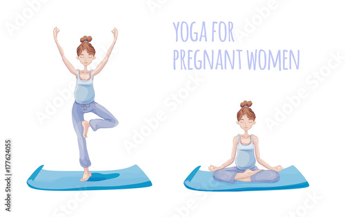 Yoga for pregnant woman. Young pregnant woman practicing yoga in Lotus pose and tree pose. Vector Illustration, isolated on white background.
