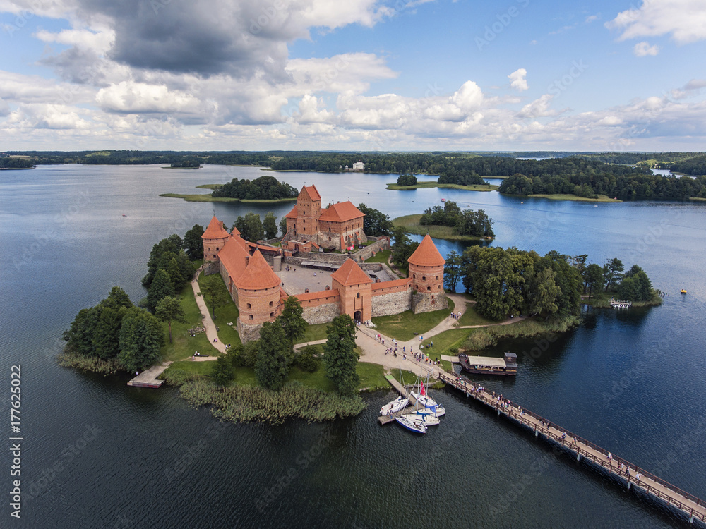 Aerial view over Trakai medieval castle in the middle of Lake Galve. During  sunny summer day. Stock Photo | Adobe Stock