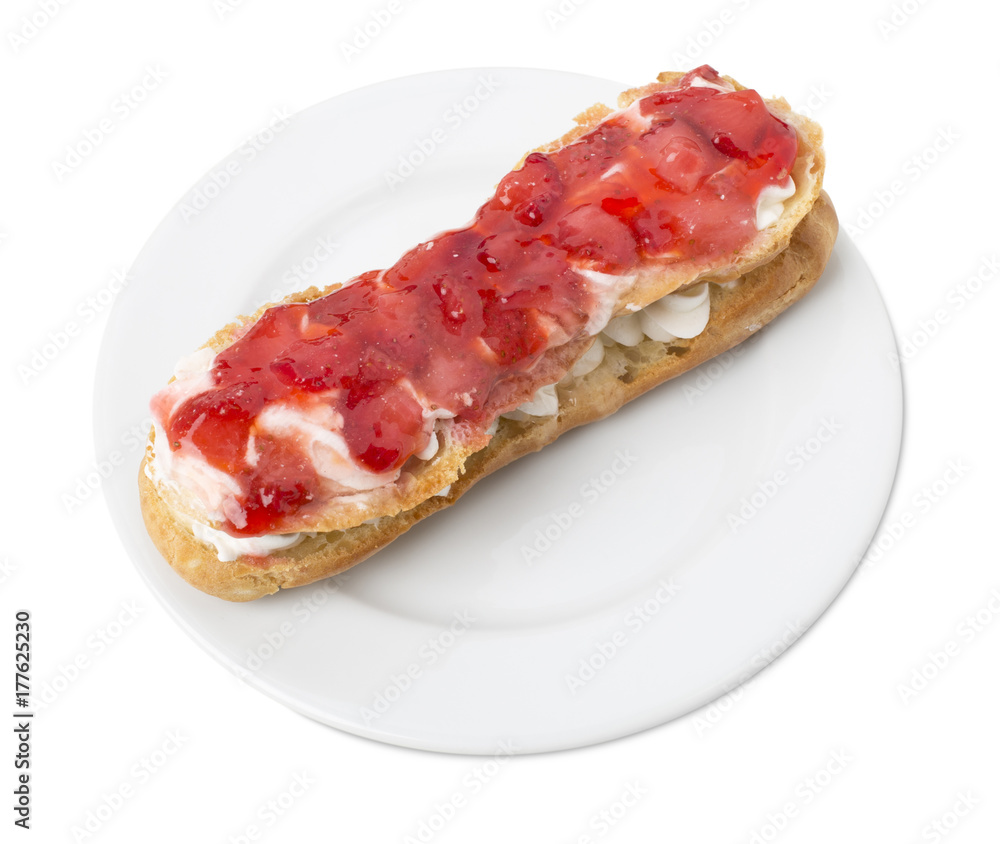 Delicious eclair with strawberry jam. Delicious eclair with strawberry jam.