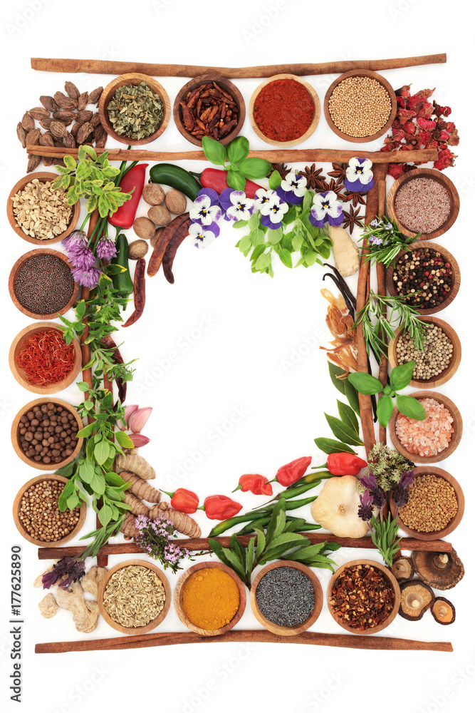 Herb and spice abstract background border with fresh and dried herbs and spices and cinnamon sticks creating a frame Top view with copy space.
