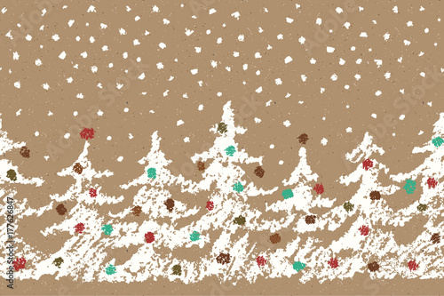 Crayon like child's hand drawing merry christmas tree seamless pattern with falling snow on handmade craft paper background. Like kids painting pastel chalk vector christmas fir-tree silhouette.