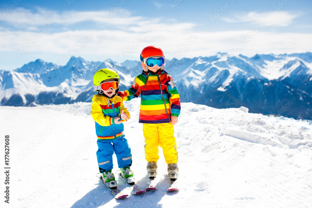 Ski and snow winter fun for kids. Children skiing. Ski and snow winter fun for kids. Children skiing.