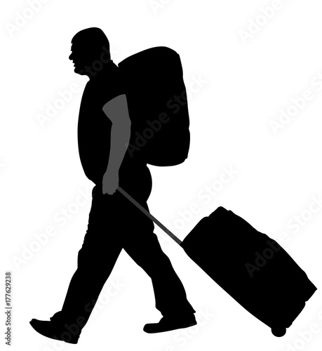 Tourist man traveler carrying his rolling suitcase vector silhouette illustration isolated on white background. Tourist with many bags isolated. Man passenger with backpack waiting taxi for travel. 
