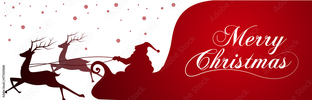Fototapeta premium Silhouette with Santa Claus and bag full of gifts on winter background. Cartoon scene.lettering of Merry Christmas.vector