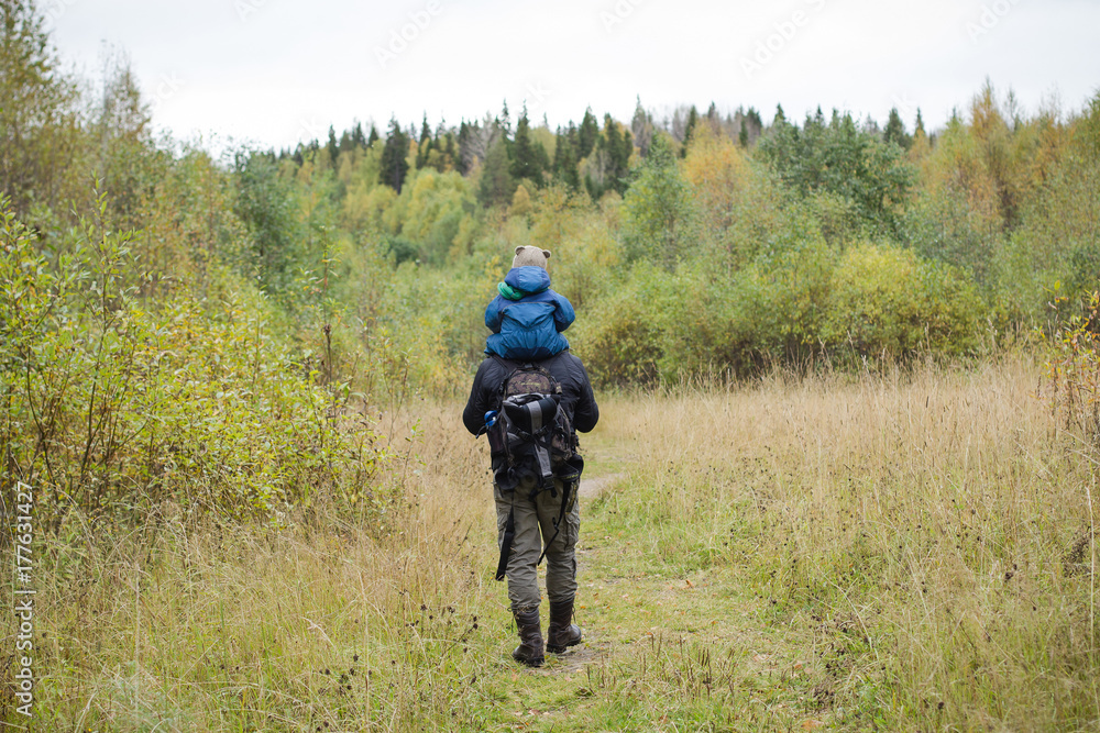 father carries his son on his shoulders and walks along the forest path father carries his son on his shoulders and walks along the forest path