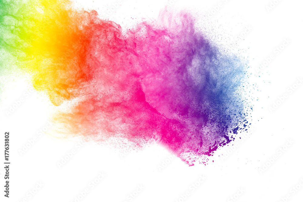 Launched colorful powder isolated on white background