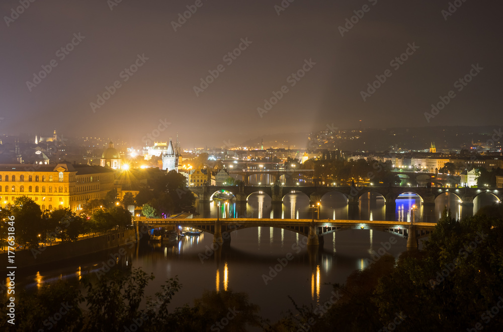 Bridges of Prague at night. Manesov Bridge, Charles Bridge, the Legion Bridge. Czech Republic