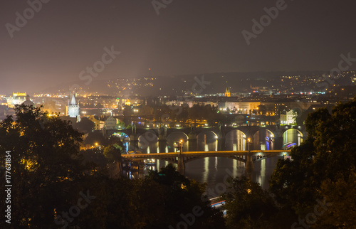 Bridges of Prague at night. View of the bridges from the Leten gardens. Czech Republic
