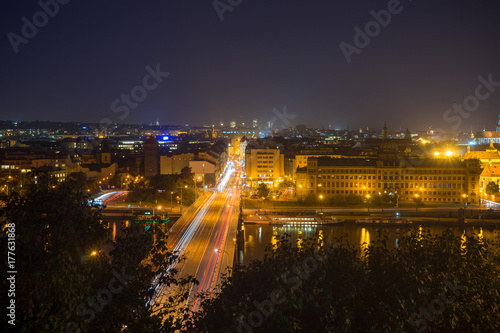 Night Prague. View from the Leten gardens. Light trails from cars. Shtefanikov Bridge © den781