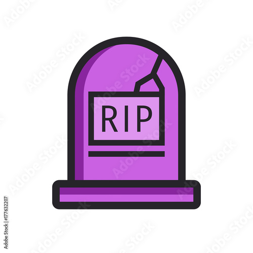 Gravestone flat line icon with rip inscription and crack on it surface. Simple vector illustration of headstone for halloween decoration or party.