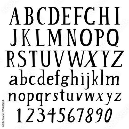 Serif hand drawn font  lower cases  upper cases and figures from 0 to 9. Black inked capital and small letters and numbers. Simple handdrawn classic alphabet.