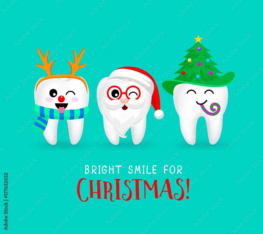 Set of Christmas tooth characters. Emoticons facial expressions. Funny