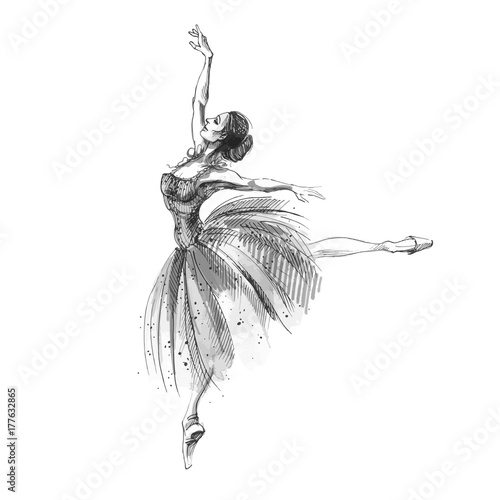 Ballet dancer, ink and watercolor illustration of russian ballerina. Dancing girl, classical ballet. Swan lake vector art.
