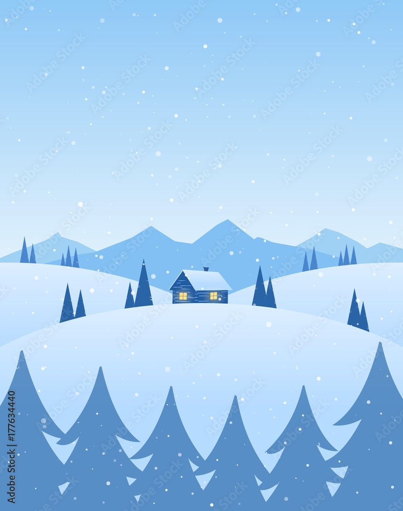 Vector illustration: Winter cartoon mountains landscape with house, pines and snowflakes.