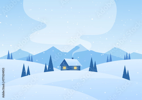 Vector illustration: Winter cartoon mountains landscape with house and smoke from chimney.