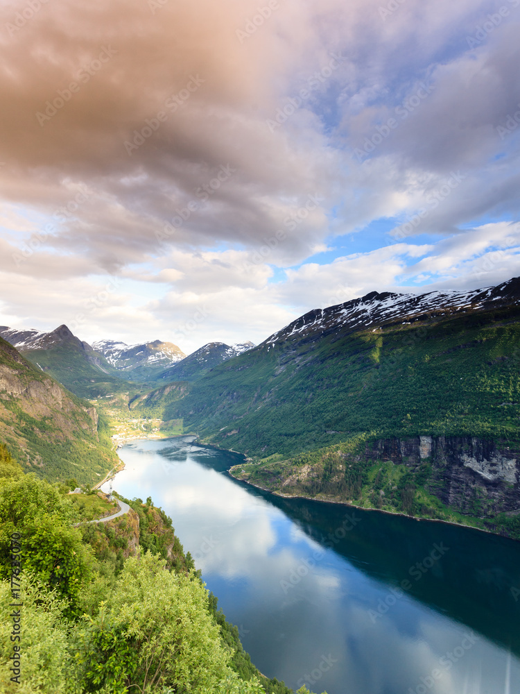 Fototapeta premium View on Geirangerfjord from Flydasjuvet viewpoint Norway