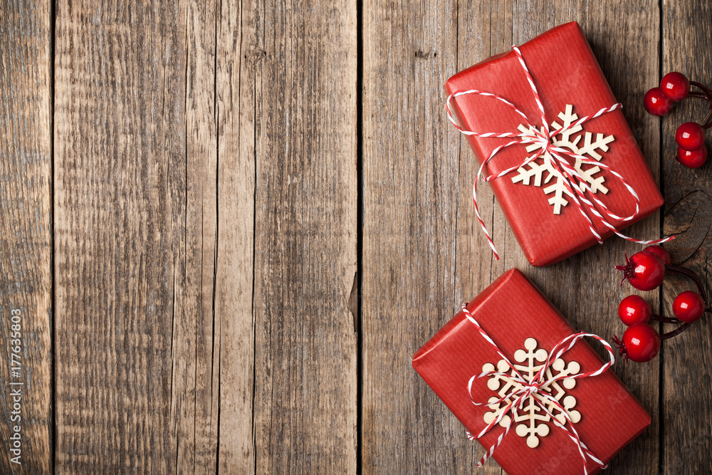 Christmas gift boxes on wooden background Christmas gift boxes on wooden background