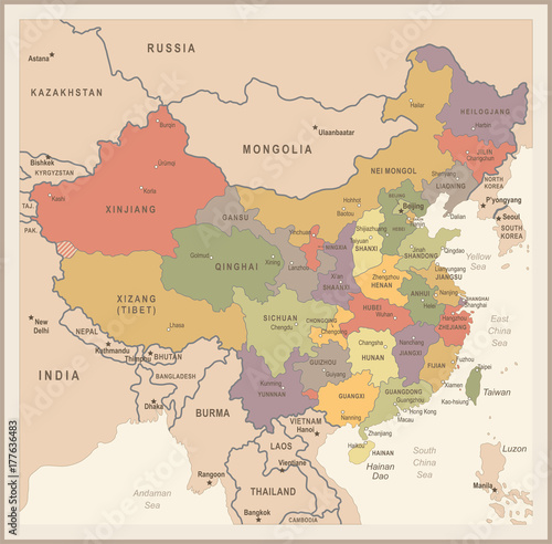 Fototapeta China Map - Vintage Vector Illustration