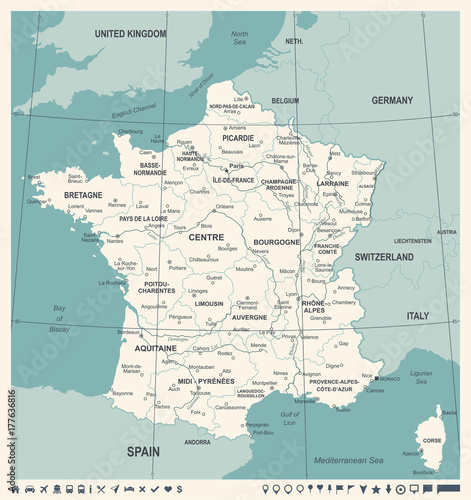 France Map - Vintage Vector Illustration