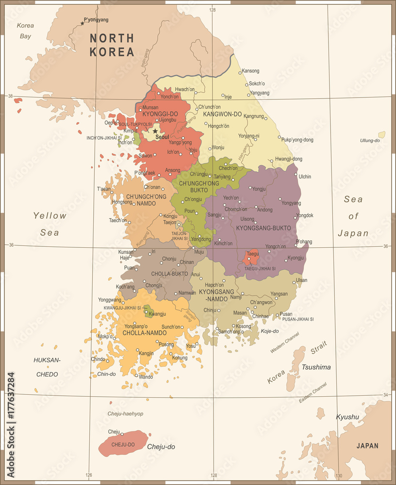 Fototapeta premium South Korea Map - Vintage Vector Illustration