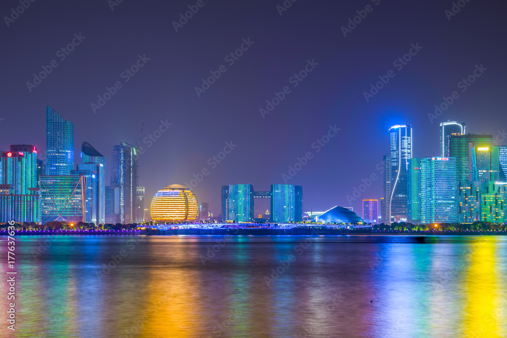 Fototapeta premium Nightscape of CBD architecture landscape in Hangzhou