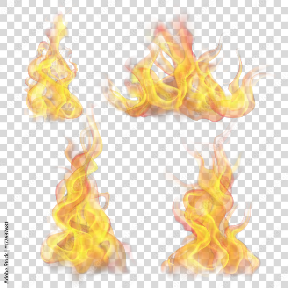 Set of fire flame on transparent background. For used on light backgrounds. Transparency only in vector format - obrazy, fototapety, plakaty 
