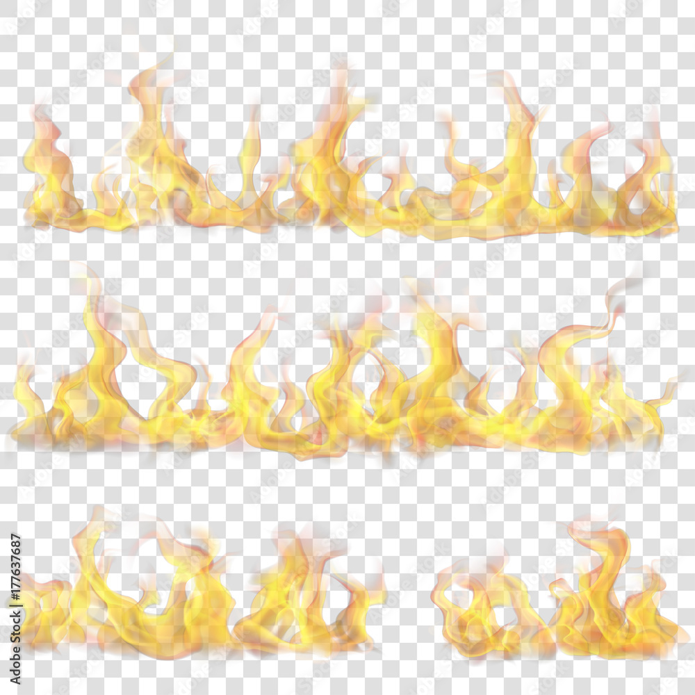 Set of horizontal fire flame on transparent background. For used on light backgrounds. Transparency only in vector format - obrazy, fototapety, plakaty 
