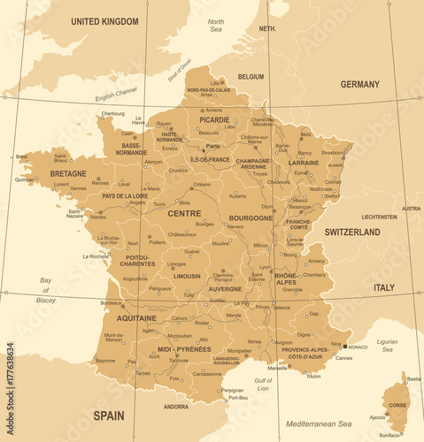 Fotografia, Obraz France Map - Vintage Vector Illustration