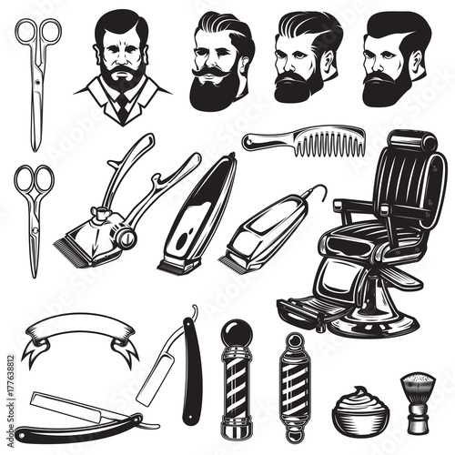 Set of barbershop design elements. scissors, shaving blades, barber chair, clipper.