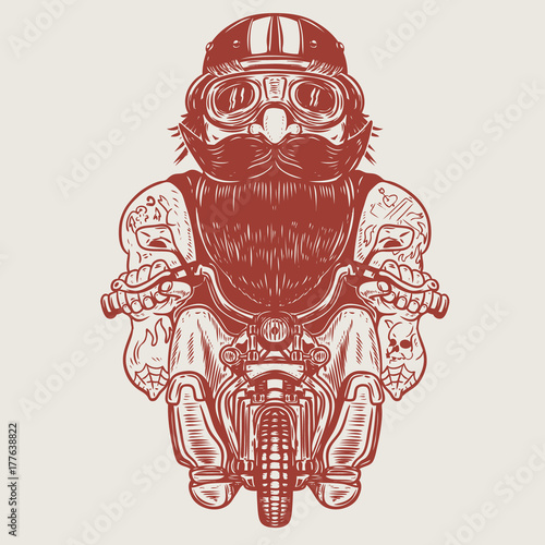 Funny biker caricature. Racer on little motorcycle.