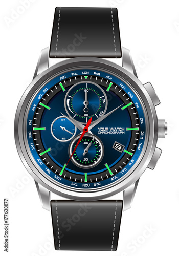 Steel watch chronograph gray strap leather on white background vector illustration.