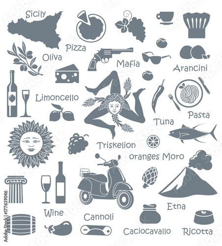 Set of icons on a theme of Sicily