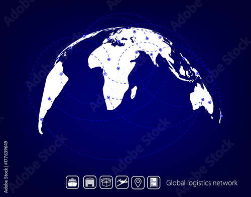 Global logistics network. Map global logistics partnership. Blue similar world map.  Set icons transport and logistics. Stock vector. Flat design.
