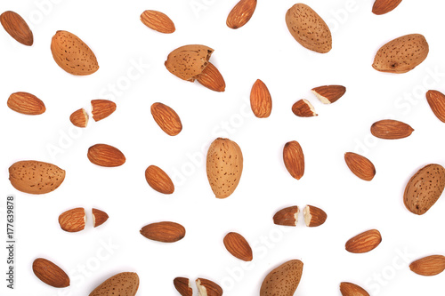almonds isolated on white background. Flat lay pattern