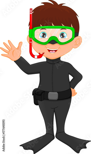 cute boy snorkeling waving