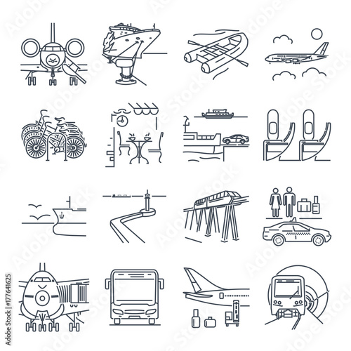 set of thin line icons travel, tourism, transport, bus, ferry