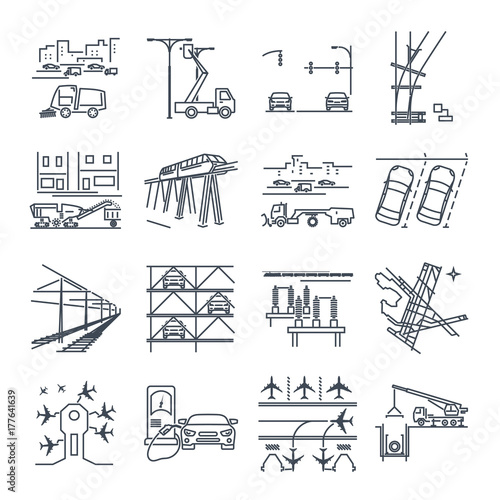 set of thin line icons transport infrastructure, road, air