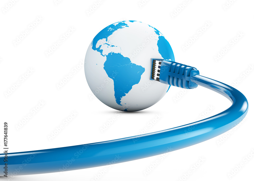 Cavo ethernet, connessione internet, velocità di banda. Il mondo nel web. Connessioni mondiali, globo. Sud America - obrazy, fototapety, plakaty 