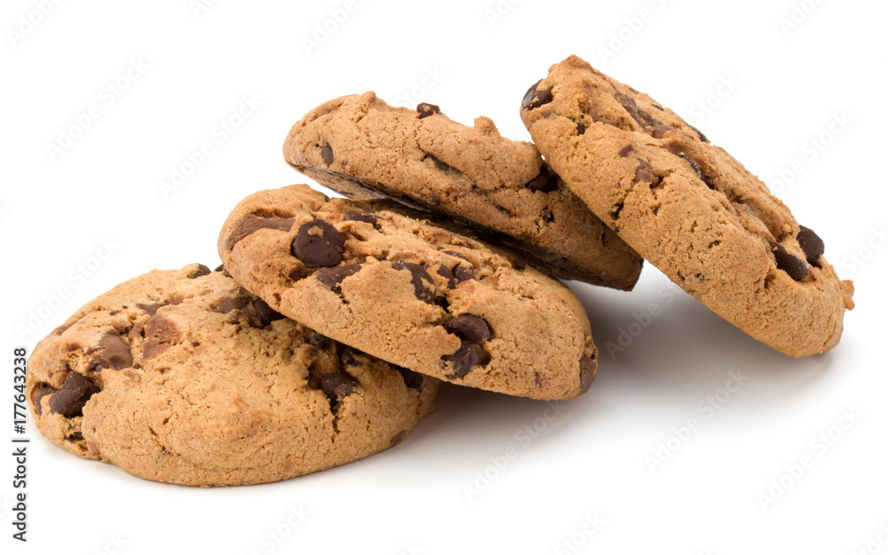 Chocolate chip cookies isolated on white background. Sweet biscuits. Homemade pastry. Chocolate chip cookies isolated on white background. Sweet biscuits. Homemade pastry.