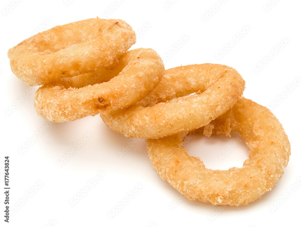 Crispy deep fried onion or Calamari ring isolated on white background Crispy deep fried onion or Calamari ring isolated on white background