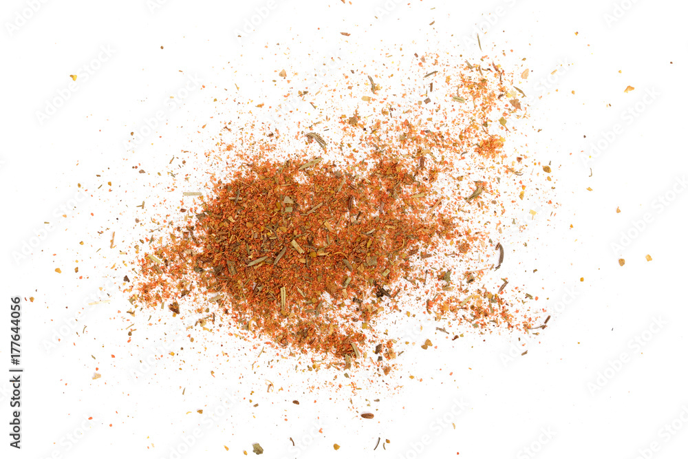 Mixed spices isolated on white background. Garlic fennel paprika carrots pepper basil celery, parsley, marjoram, onion