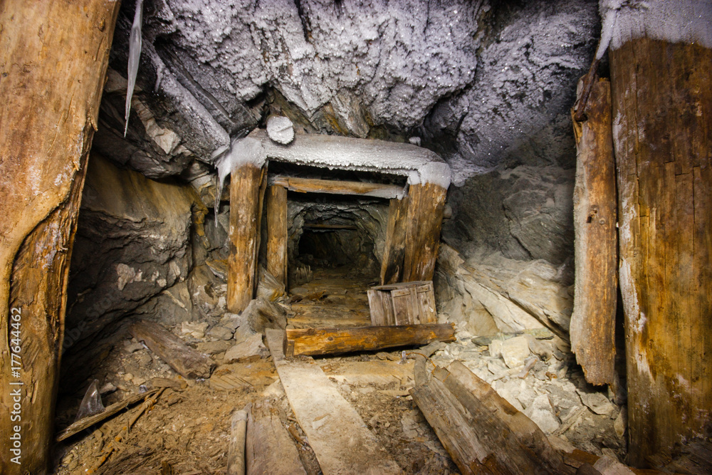 Fototapeta premium Old abandoned underground ore mica mine shaft tunnel
