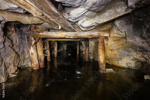 Old abandoned underground ore mica mine shaft tunnel